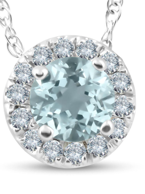 Pompeii3 3/4ct Round Diamond & Aquamarine Halo Solitaire Pendant Necklace 14k White Gold