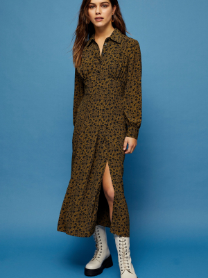 Petite Khaki Print Split Front Shirt Dress