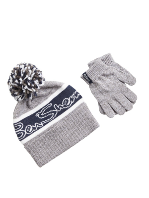 Kids' Jacquard Logo Knit Hat & Gloves Set - Grey With Blue Stripe