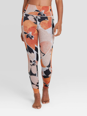 Women's Floral Print High-waisted Brushed Jersey 7/8 Leggings - Joylab™ Orange