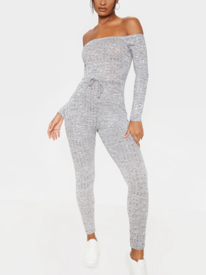 Light Grey Rib Knitted Bardot Jumpsuit