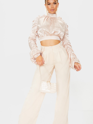 Nude Satin Striped Ruched Sleeve Crop Top