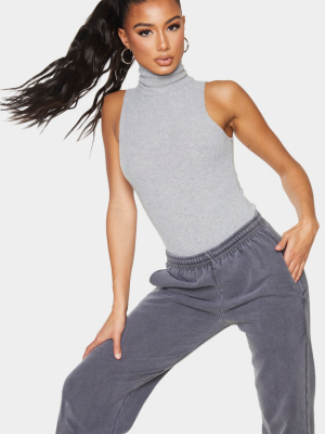 Grey Brushed Rib Sleeveless Roll Neck Bodysuit