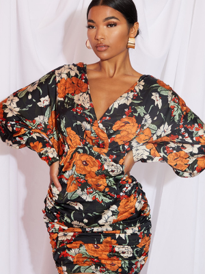 Black Floral Satin Plunge Long Sleeve Ruched...