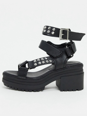 Asos Design Hawkin Studded Chunky Mid-heeled Sandals In Black