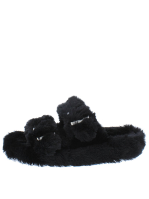 Marie Black Faux Fur Open Toe Dual Strap Flat Slide Sandal