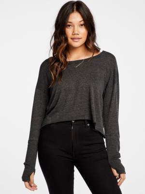 Triblend Jersey Cropped Open Neck Long Sleeve Thumbhole Tee