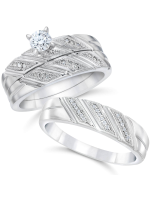 Pompeii3 1/3ct His & Hers Diamond Trio Engagement Wedding Ring Set 10k White Gold