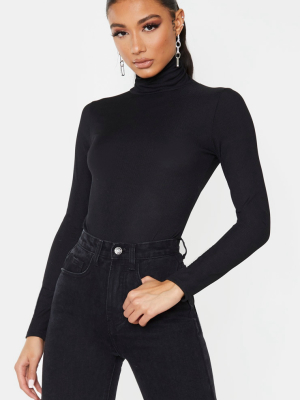 Black Long Sleeve Rib Roll Neck Bodysuit