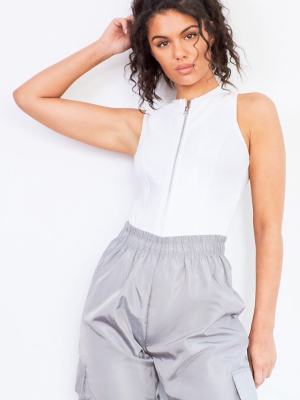 White Structured Rib Panelled Zip Front Bodysuit