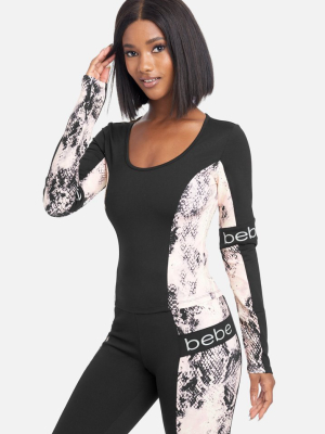 Bebe Logo Snakeskin Sleeve Top