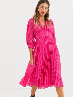 Asos Design Pleated Batwing Midi Dress In Chevron Dobby In Hot Pink