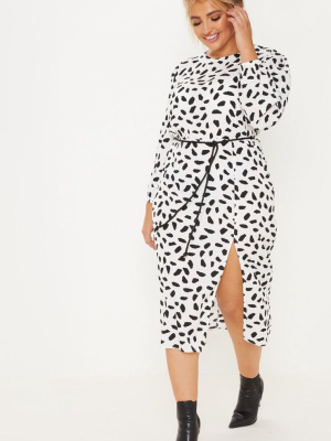 Plus White Tie Waist Dalmatian Print Midi Dress