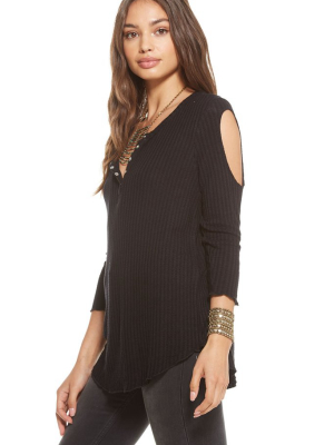 Thermal 3/4 Sleeve Double Cold Shoulder Henley