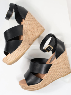 Black Leatherette Espadrille Wedge Sandals