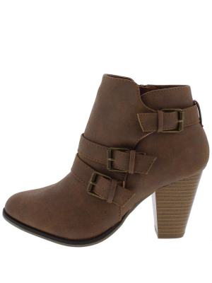 Camila64 Tan Distressed Multi Buckle Strap Stacked Ankle Boot