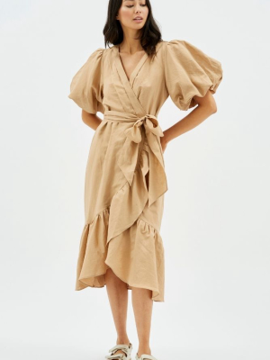 Wrap Frill Midi Dress In Nude