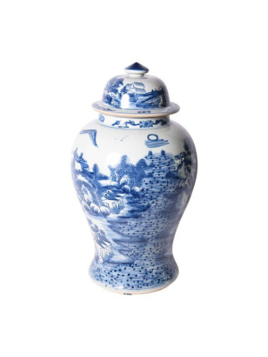 Temple Jar Landscape Motif, Blue And White