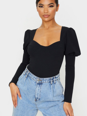 Black Crepe Puff Sleeve Square Neck Bodysuit