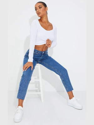 Prettylittlething Mid Blue Wash Raw Hem Cropped...