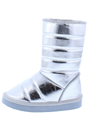 Donna233 Silver Quilted Pull On Flat Kids Boot