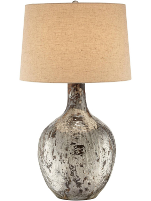 Possini Euro Design Cottage Table Lamp Distressed Silver Gray Glass Urn Beige Drum Shade For Living Room Family Bedroom Nightstand