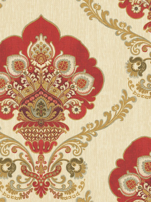 Ornate Fanned Damask Wallpaper In Red From The Caspia Collection By Wallquest