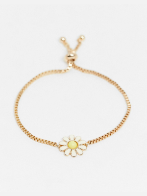 Asos Design Toggle Bracelet With Daisy Charm In Gold Tone