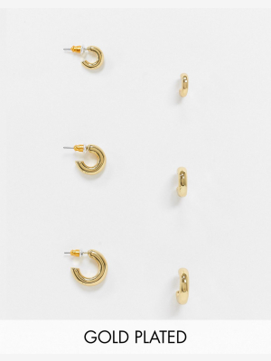 Asos Design Pack Of 3 14k Gold Plated Chubby Hoop Earrings