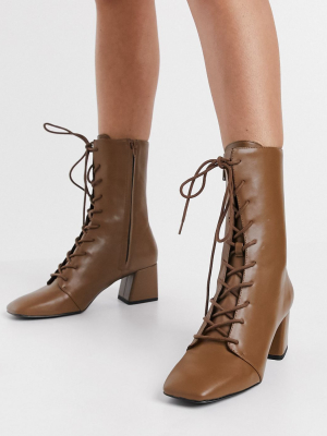 Monki Thelma Faux Leather Lace Up Heeled Boot In Tan