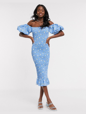 Never Fully Dressed Off Shoulder Blouson Sleeve Shirred Midi Dress In Blue Floral Print