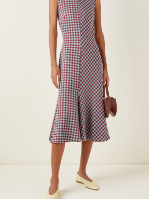 Fluted Gingham Knit Midi Dress