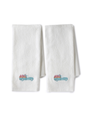 Lakeside Spring Truck Hand Towels With Primitive Floral Country Print - Set Of 2