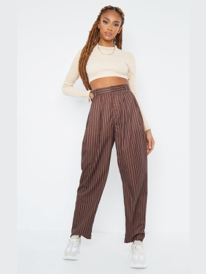 Brown Pinstripe Woven High Waisted Cigarette Pants