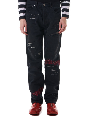 Flannel-inserted Denim Jeans (lvd013-destroyed-black)