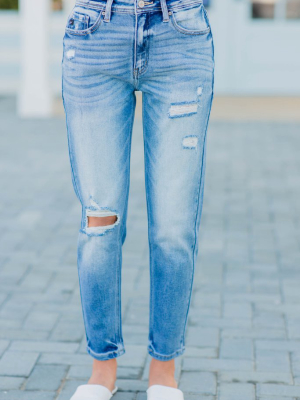 Kancan: Dream World Medium Wash High Rise Distressed Mom Jeans