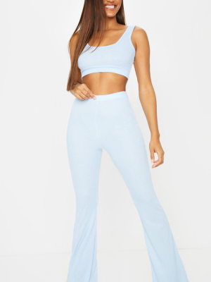 Blue Soft Rib Scoop Bralette And Flared Trouser...