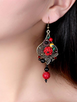 Red Flower Alloy Dragonfly Retro Earrings