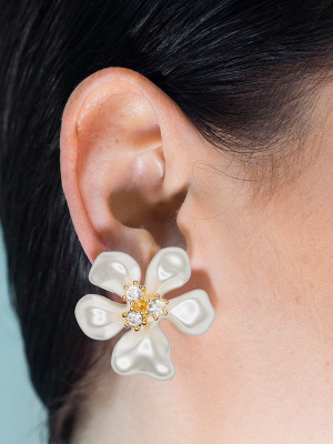 White Pearl Flower Clip Earrings