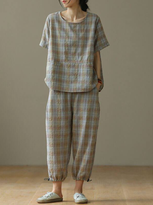 Plus Size - Linen Plaid Drawstring Two Pieces Sets