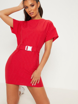 Red Pin Stripe Belt T Shirt Dress