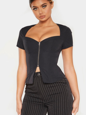 Black Woven Zip Front Corset Top