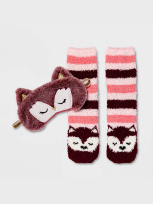 Women's Fox Eyemask & Cozy Socks Set - Burgundy 4-10