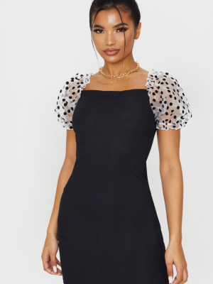 Black Polka Dot Organza Puff Sleeve Ribbed...