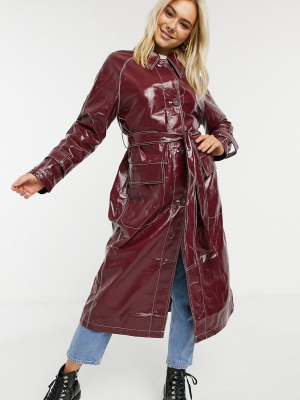 Asos Design Vinyl Trench Coat With Contrast Stitching In Oxblood