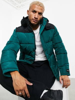 Asos Unrvlld Spply Puffer Jacket With Colorblock Panel In Green