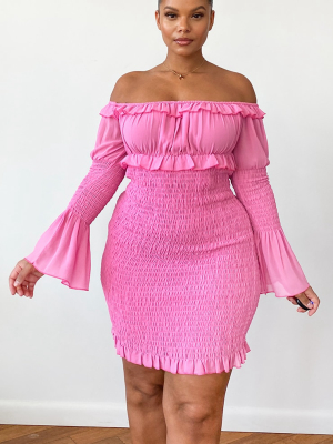 Plus Pink Chiffon Shirred Bodycon Dress