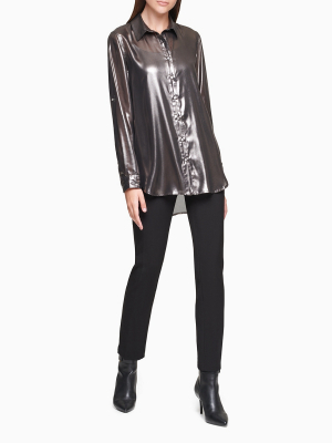 Metallic Button-down Boyfriend Tunic