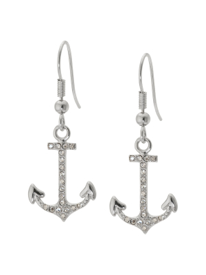 Silver Plated Anchor Drop Earrings With Crystals - Clear