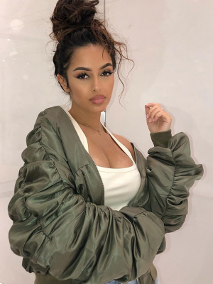 Khaki Ruched Oversized Bomber Jacket